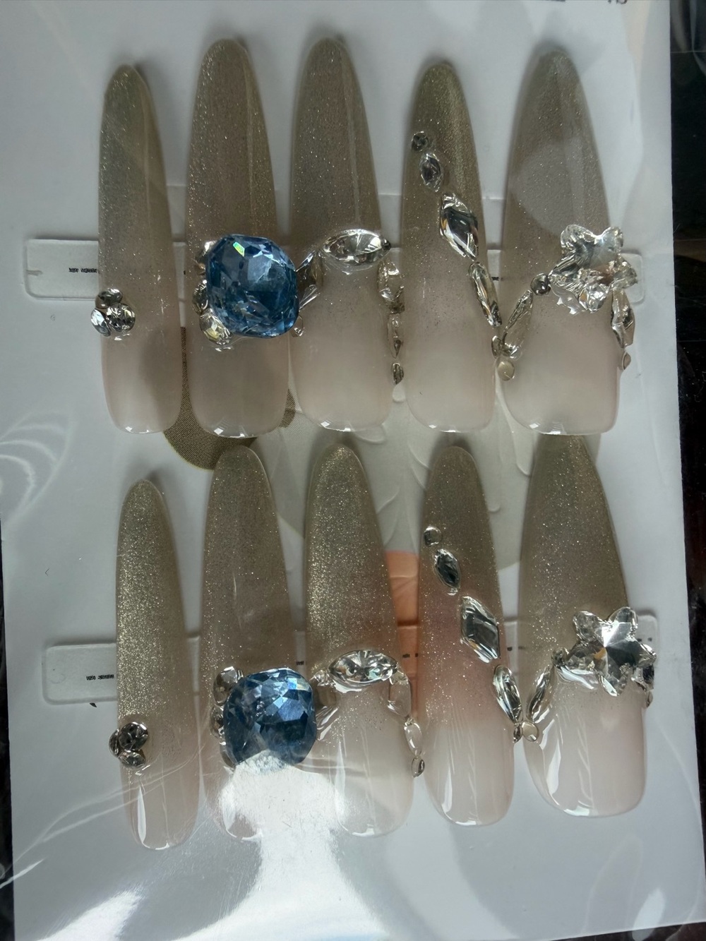 Neutral Ombre Press-On Nails with Blue Gem Accents - Women Makeup